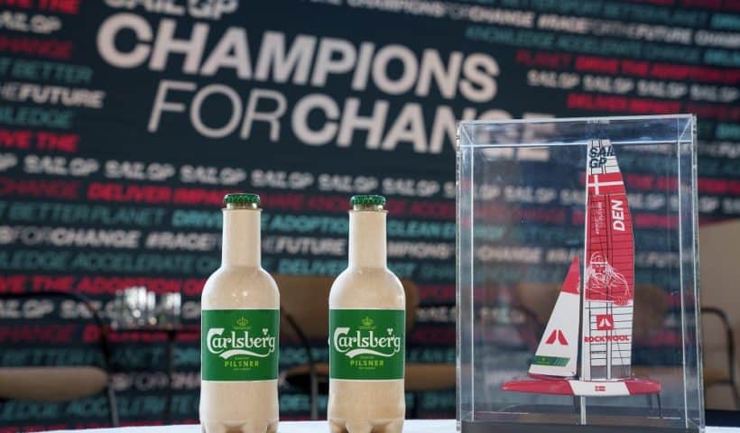 A sustainable beer bottle from Carlsberg is announced and shown for the first time during the Champions for Change event at the Langelinie Pavilionen ahead of the ROCKWOOL Denmark Sail Grand Prix in Copenhagen, Denmark. 18th August 2022. Photo: Adam Warner for SailGP. Handout image supplied by SailGP