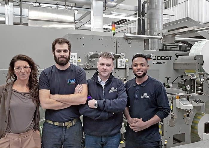 Left to right: Francesca Ricupero PL NMW Area Sales Manager North of Italy BOBST, Riccardo Giordana Production Manager Cograf, Roberto Cotterchio Owner Cograf, Steven VISION M1 operator at Cograf